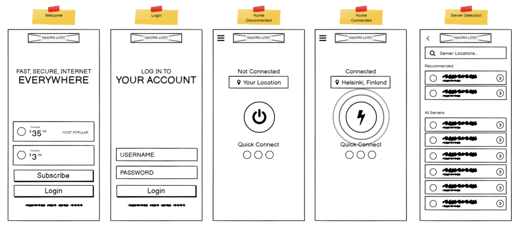 HAXORS Mobile App Wireframe